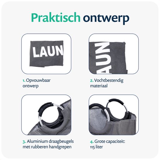 Grijze wasmand met "LAUNDRY" opdruk en een witte handdoek eraan.