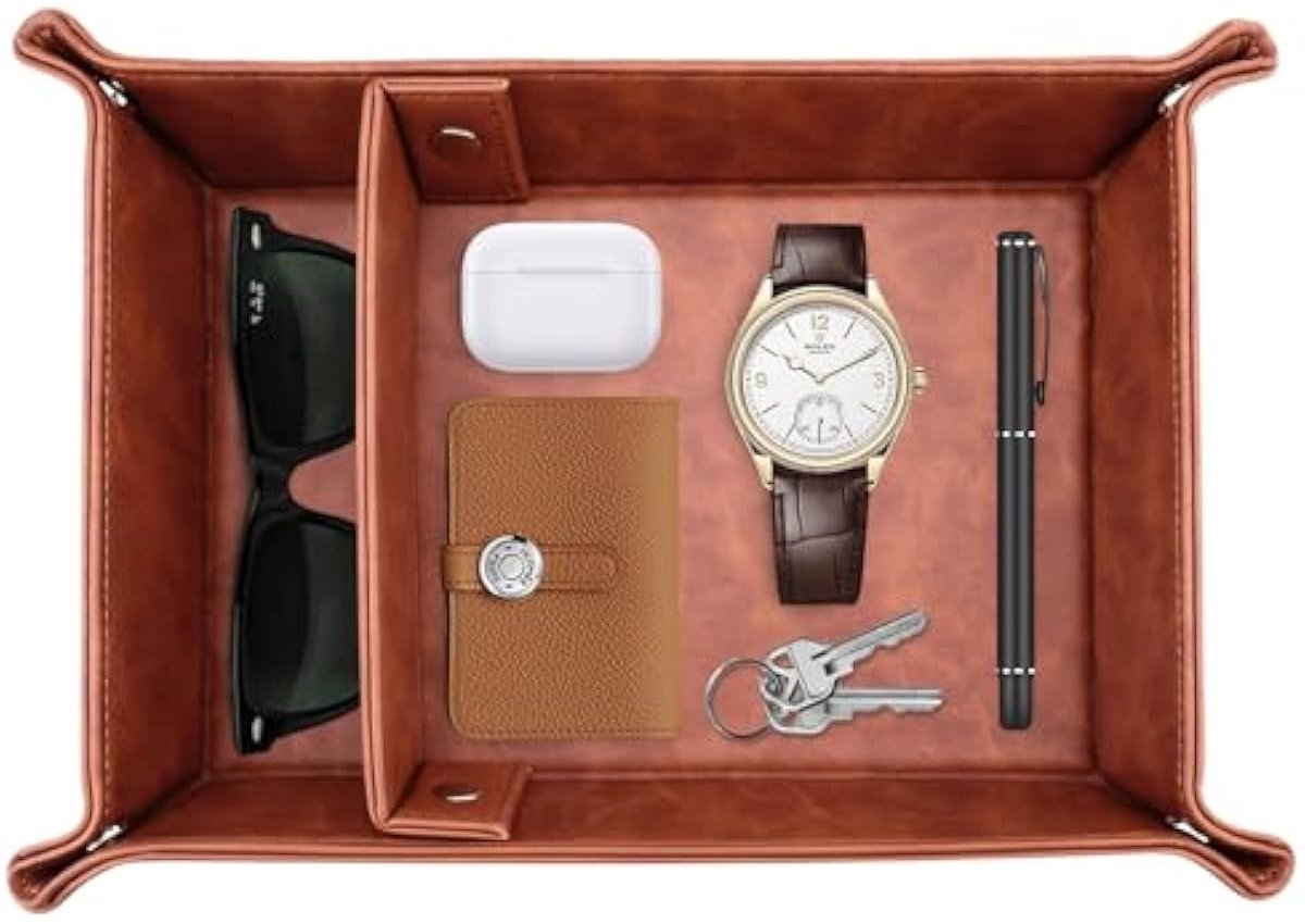 Valet Tray Voor Sleutels En Horloge, Bruin Leerlook, 1 Stuk, 2 Slots, Voor Nachtkastje