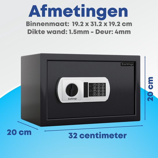 Coffre-fort Earkings 20x32x20 cm avec serrure à combinaison - Coffre-fort pour caisse électronique - Matériel de montage inclus, deux clés d'urgence et serrure d'alarme