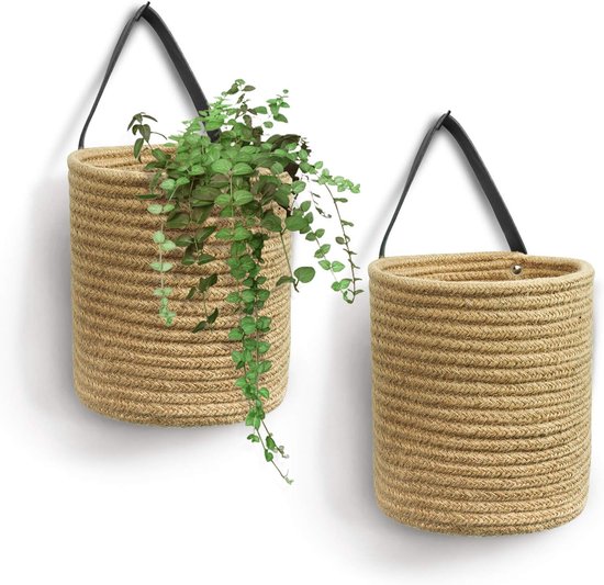 Hangmanden - 2 Stuks - Wandorganizer - Hangende Fruitmand - Hangmandjes - Hangende geweven wandmand - Hangende plantenmand - Geweven Katoenen Touw Plantenmanden - Opbergmand voor thuis - PU Handgrepen - 16*18cm