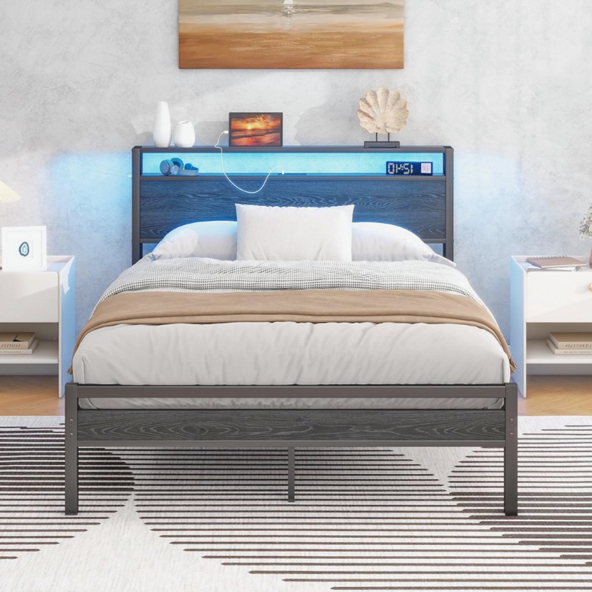 BOG Metalen Bedframe 90 X 200 Cm - Houten Lattenbodem - Met USB-Oplaadfunctie En LED-Verlichting - Eenpersoonsbed - Logeerbed - Tienerbed - Met Hoofdeinde Met Opbergruimte - Zwart