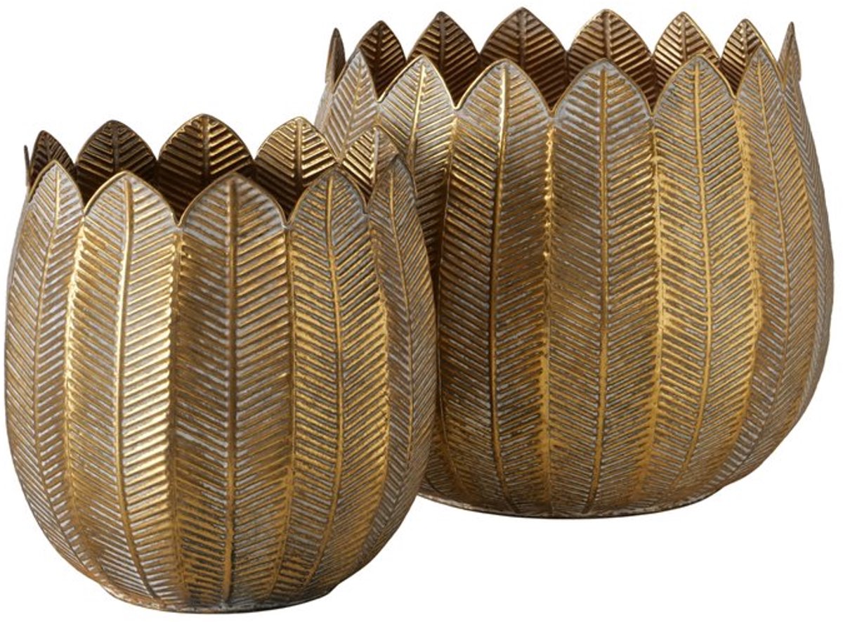 Boltze - Plantenpot - Bloempot - Set van 2 – Antiek Goud – Metaal – Bladstructuur – Ø16x17 cm & Ø19x21 cm