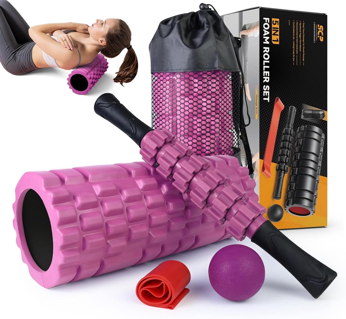 5-in-1 Massageset met Schuimroller, Massagebal en Stretchband voor Herstel