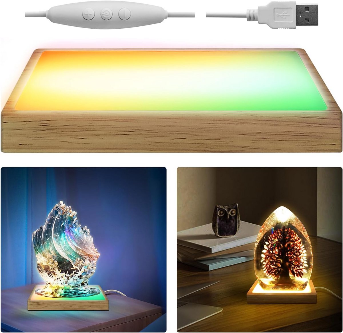 Houten LED Display Standaard voor Kristal en Glas – Verstelbare Lichtkleur