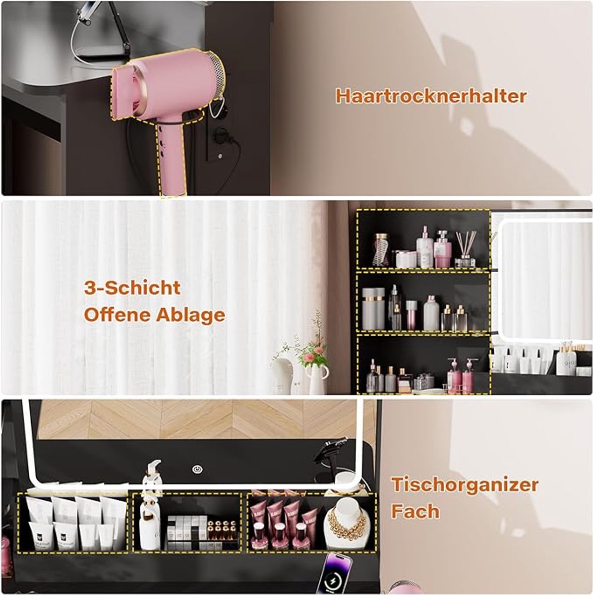 Make-up Kaptafel met LED Spiegel, Stopcontacten & Haardrogerhouder – Hoekkaptafel met 5 Laden, 3 Kleur LED Verlichting, Instelbare Helderheid, Modern Design – 120 x 65 x 136 cm – Pauwhome