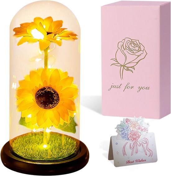 Foto: Gele zonnebloem in een transparante koepel met kunstbloemendecoratie voor thuis kantoor restaurant als verjaardagscadeau voor mama vrouw vriendin oma moederdagcadeau met roze geschenkdoos