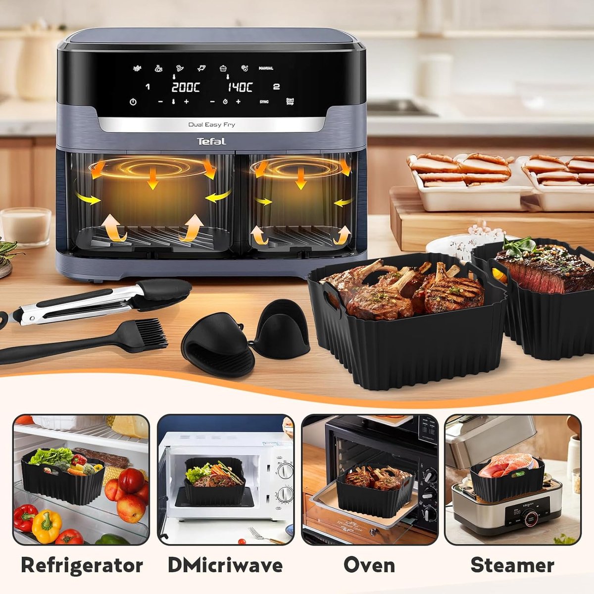 SnelShoppen - Airfryer-accessoires voor heteluchtfriteuse XXL, siliconen mal voor Tefal Dual Easy Fry 11L (6,5L/4,5L), multifunctioneel, perfect voor thumbnail 5