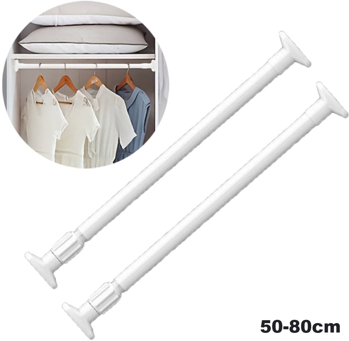 2 stuks Spanningsgordijnstang - Verstelbaar van 50 tot 80 cm, diameter 25 mm - Witte spanningsstang - Geen boren nodig - Uitbreidbare spanningsstang voor deuropeningen, keukens en badkamers - Wit
