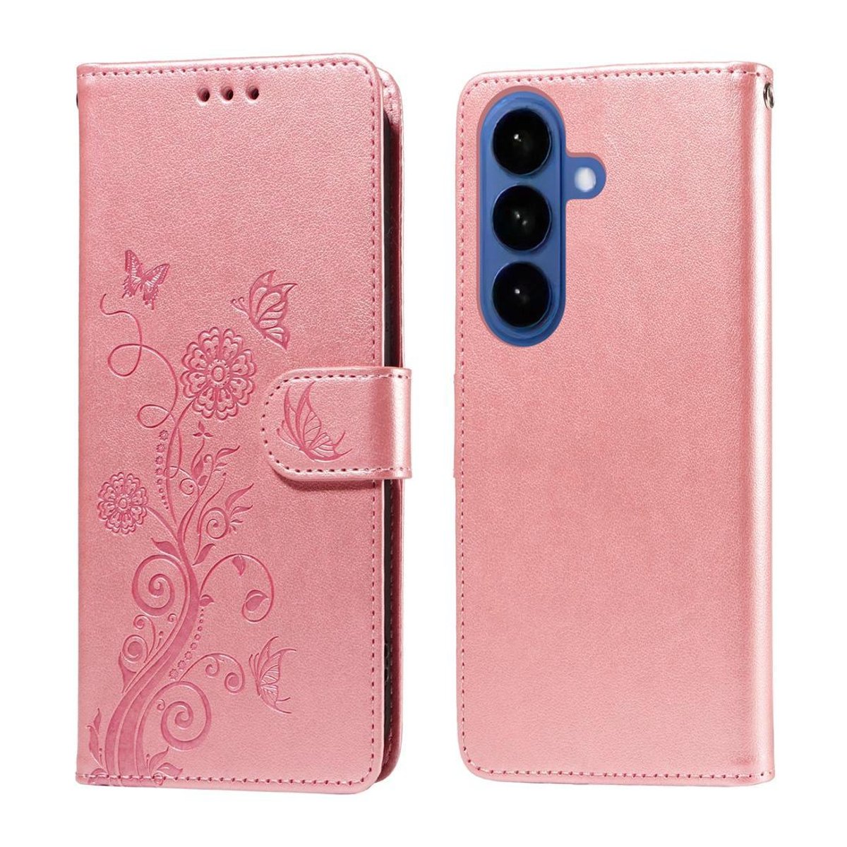 Mobigear Telefoonhoesje geschikt voor Samsung Galaxy S26 Plus Hoesje | Mobigear Flowers Bookcase Portemonnee | Pasjeshouder voor 3 Pasjes | Telefoonhoesje voor Pinpas / OV Kaart / Rijbewijs - Roségoud