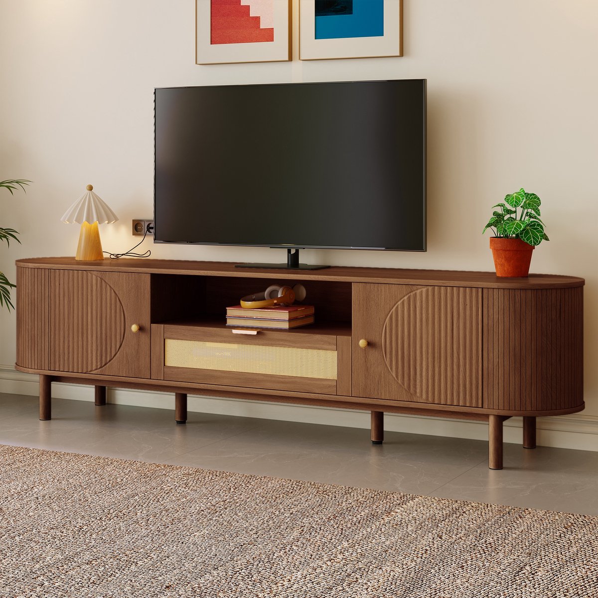 PHOEBE CAT Tv-kast - Rotan laden - Open planken - Afgeronde tafelblad - Houtnerf - Metalen poten - Bruin