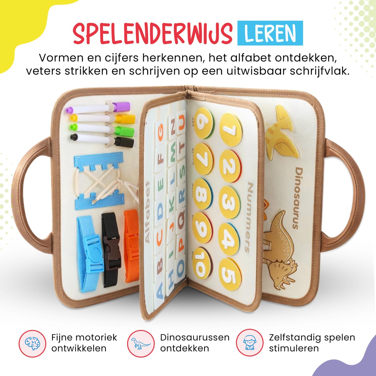 Montessori Activiteitenboek – Busy Board Nederlands – Alfabet, Cijfers & Vormen – Educatief Speelgoed – Motoriek Speelgoed – Dinosaurussen Beige — afbeelding 3