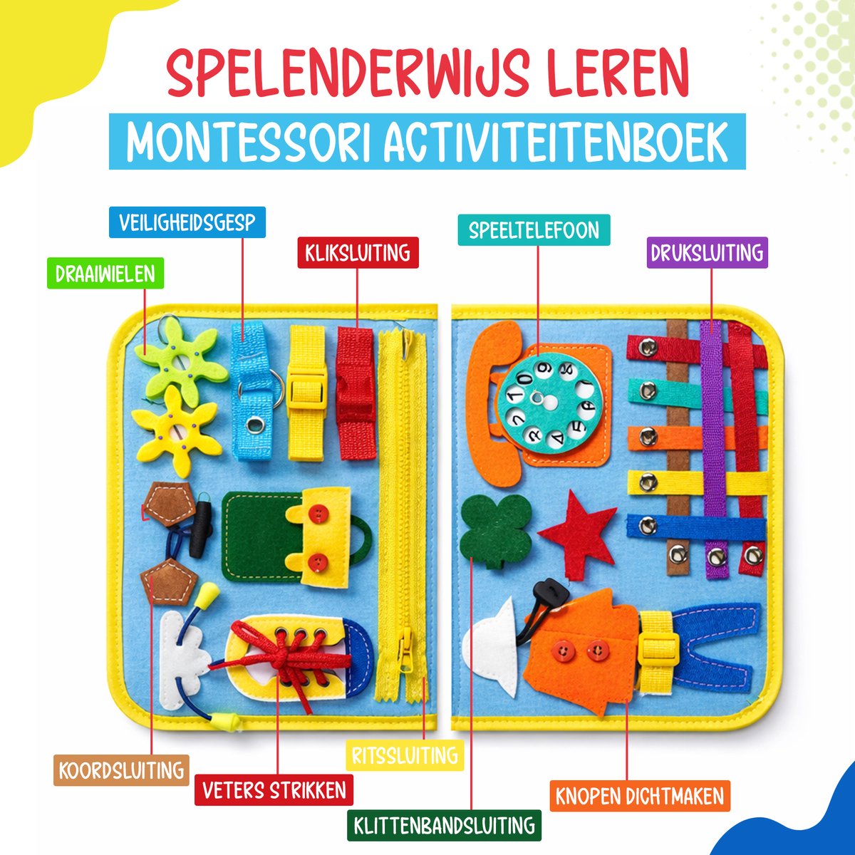 Montessori Activiteiten Boek - Nederlands - Busy Board - Perfect voor op Vakantie - Klok lezen - Motoriek Map voor Thuis en Onderweg - Leren Veter Strikken - Activiteitenboek - Vaardigheden Kinderen - Educatief Spel - Dinosaurus blauw — afbeelding 3