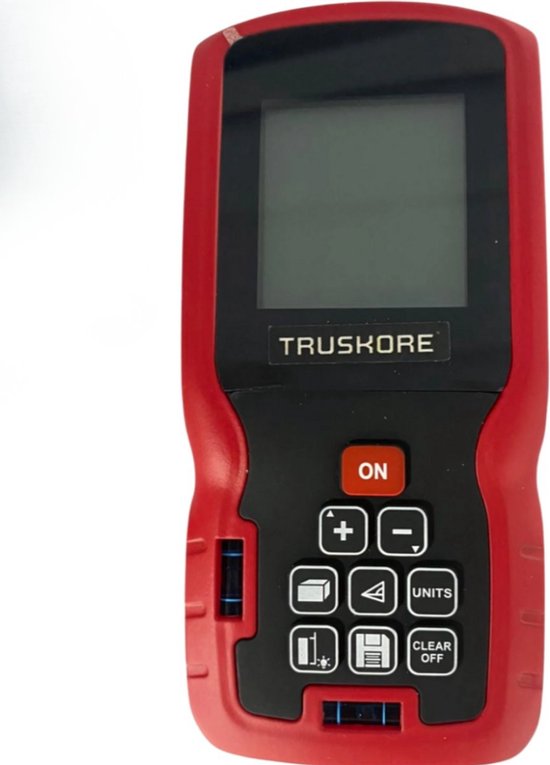 Rode Truskore laser afstandsmeter met een digitaal display en bedieningsknoppen voor verschillende meetfuncties.