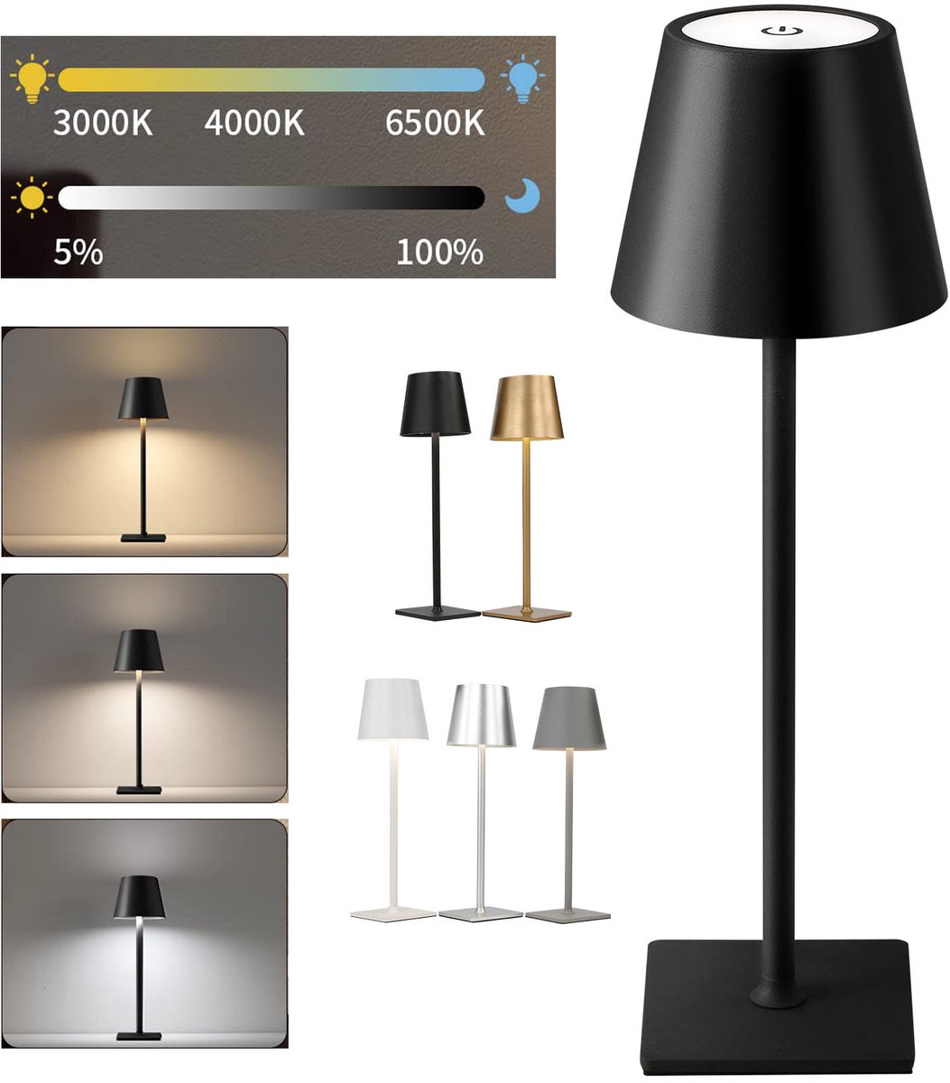 Draadloze tafellamp, draagbare LED-bureaulamp, op batterijen, 3 kleuren traploos dimmend, voor restaurant/slaapkamer/bar/buitenfeest/camping/koffiebar Sfeervol nachtlampje - 38x10cm, zwart