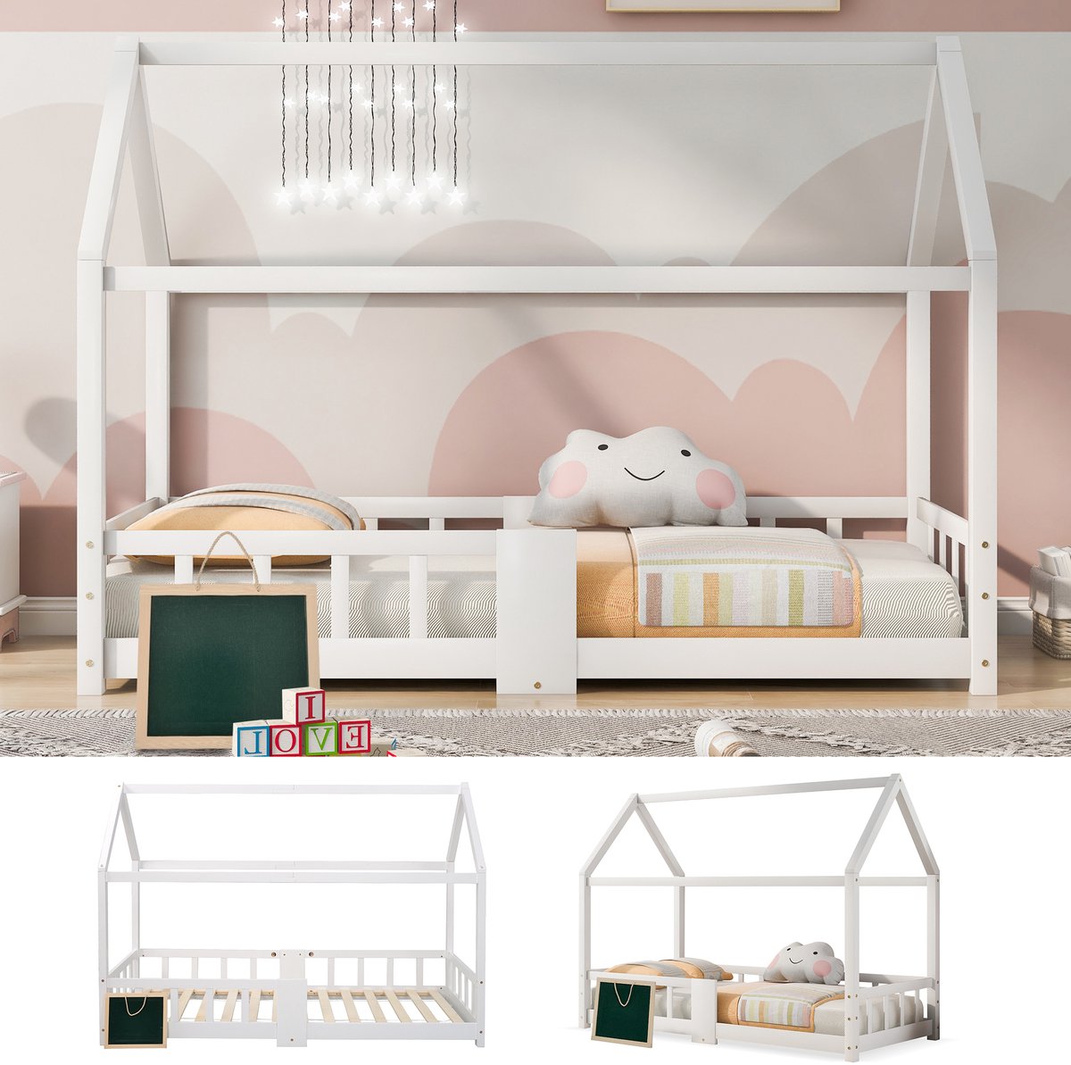 Kinderbed 90x200 cm - Huisbed Met Lattenbodem En Valbeveiliging - Grenenhout - Wit - Zonder Matras
