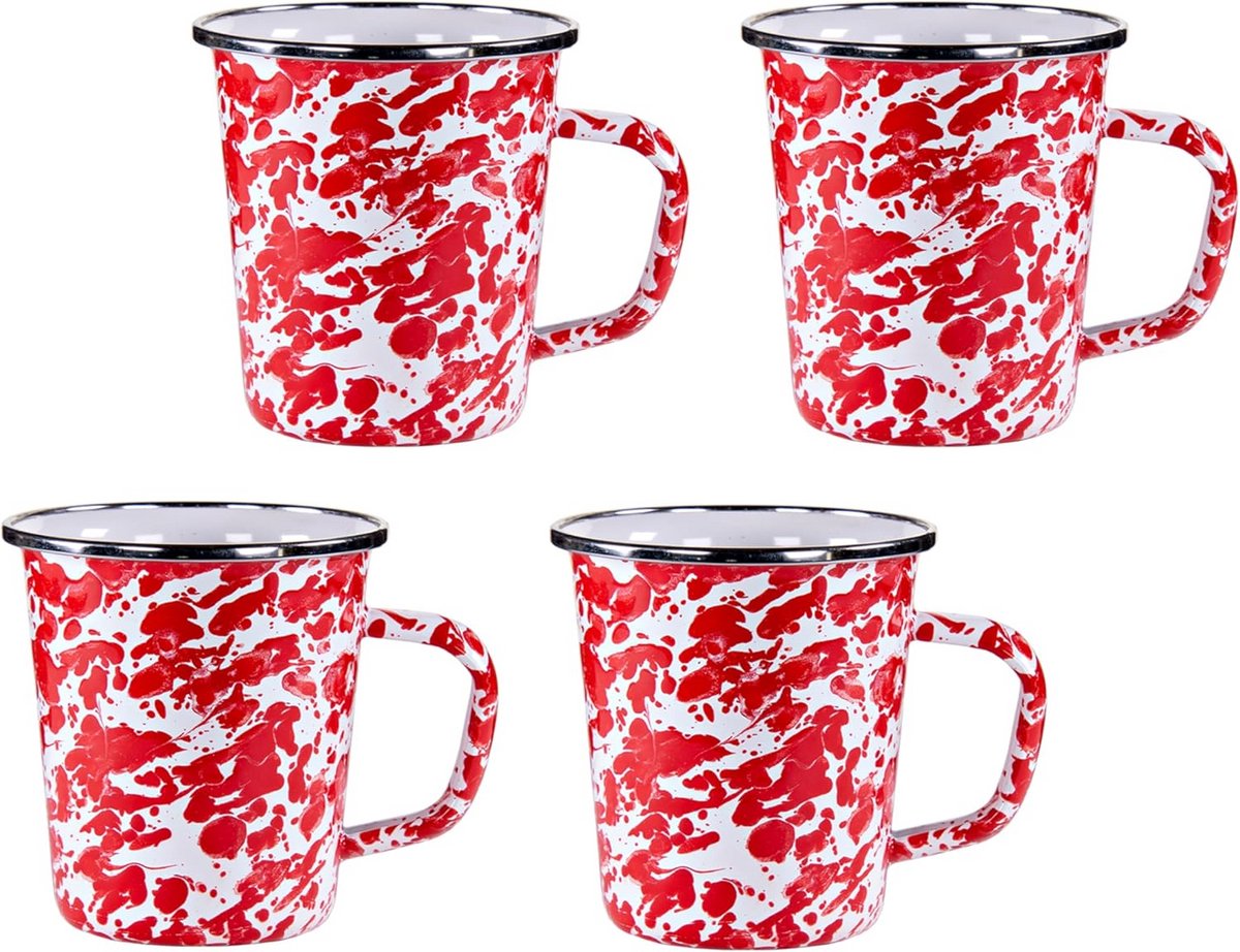 Set van 4 Emaille Latte Mokken met Rood Swirl Patroon
