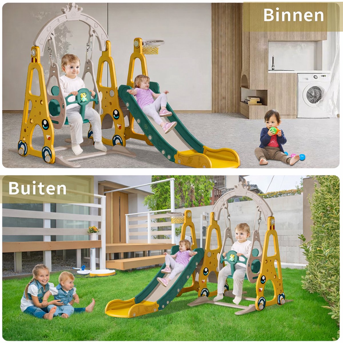 Glijbaan- En schommelset voor kinderen – Groot binnen/buiten speeltoestel–Basketbalring en muziek–Geel — afbeelding 4