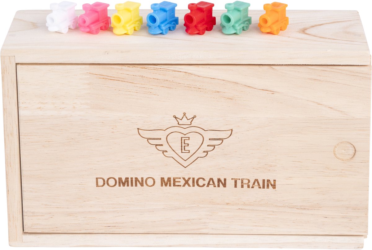 Domino Dubbel 12 Nummers Mexican Train – 91 Stenen met Gekleurde Nummers – Houten Kist met Schuifdeksel – Inclusief Station & Treinen – Strategisch Familiespel – Engelhart — afbeelding 3