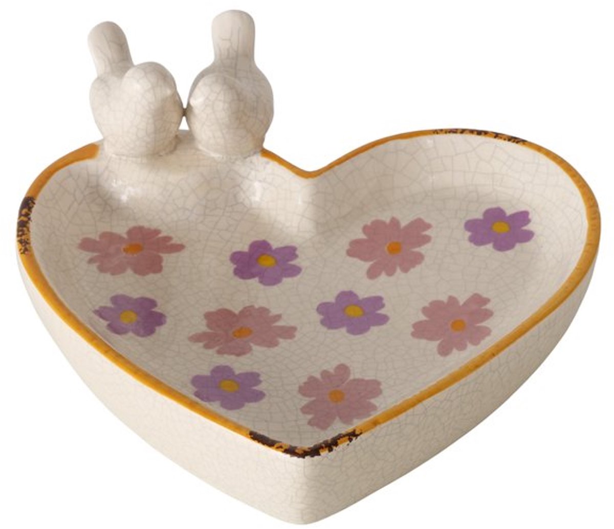 Boltze - Vogelbad - Voederplek - Keramiek - Hart - Bloemen - Vogeltjes - 19.50x20x8cm