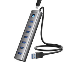 GELLDG USB 3.0-hub - 7-poorts USB 3.0-hub - Aluminium multiport-adapter - Met 50 cm kabel - 5 Gbps gegevensoverdracht - 5V 3A Type-C-poort - Geschikt voor pc's, laptops, MacBooks, PS4, Surface Pro, externe harde schijven en meer.