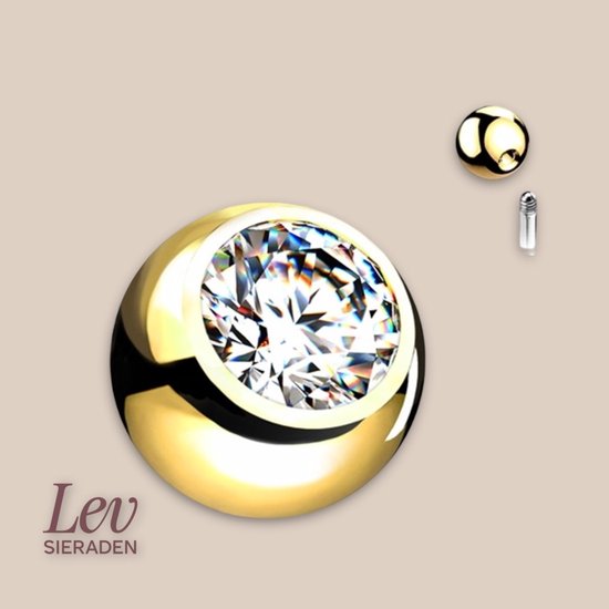 Lev Bijoux - Boules de piercing en titane SET : 10 pièces - Couleur or avec pierre de zircone - Épaisseur : 1,2 mm - Taille du bouton : 3 mm boules de piercing langue - téton taille de la boule 1,2 x 3 mm avec pierre de cristal 10 pièces