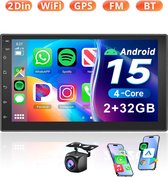 ESSGOO Autoradio 2Din Universeel - Android 15 - Apple Carplay & Android Auto (Draadloos) - 2+32GB - 7 Inch HD Touchscreen - GPS Navigatiesysteem - Achteruitrijcamera