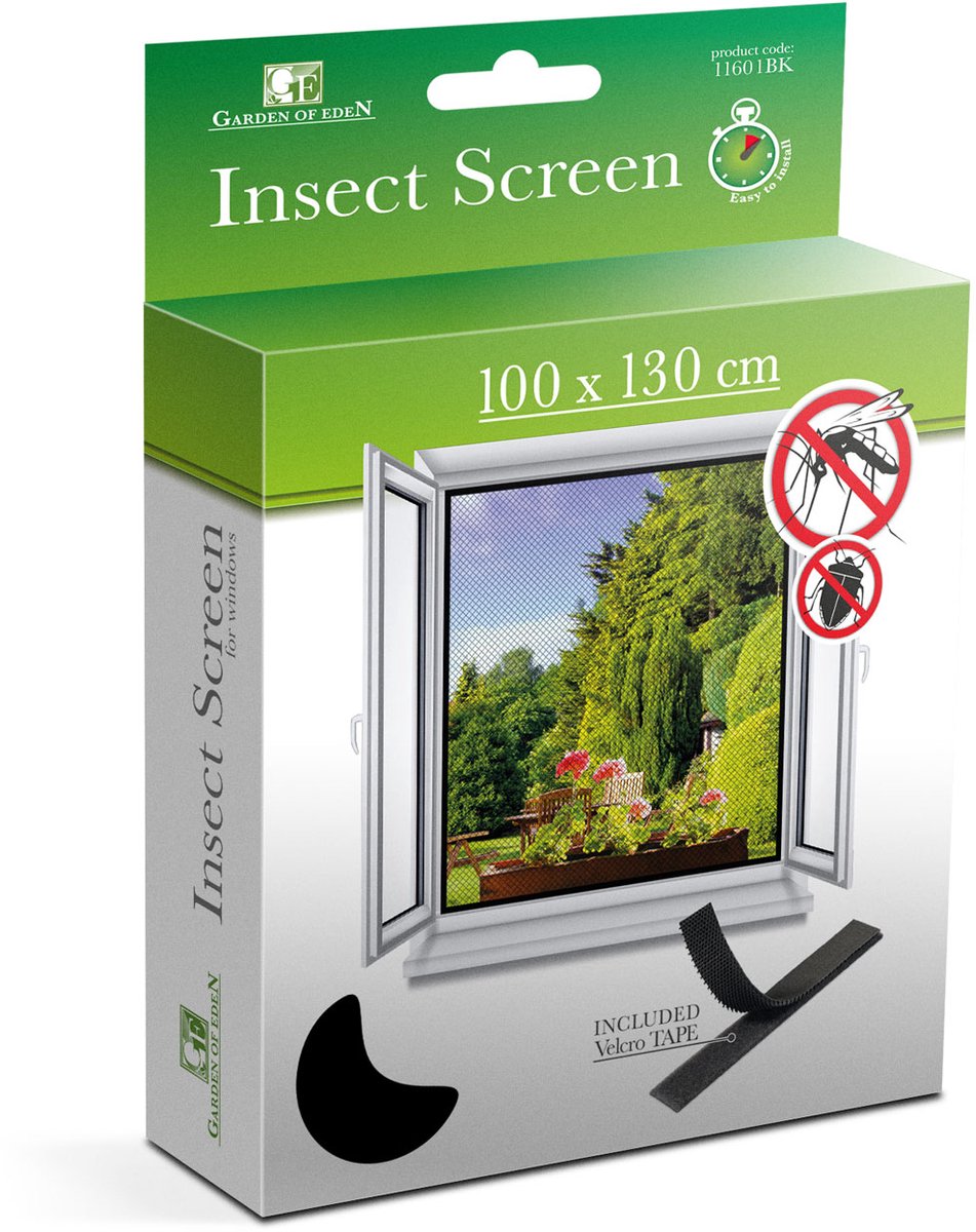 Vliegengordijn / Hordeur / Raamhor Insectenhor Voor Raam – Zwart – 100 × 130 Cm – Met Klittenband – Afneembaar En Wasbaar – UV Bestendig – Voor Thuis, Kantoor En Vakantiehuis [11601BK]