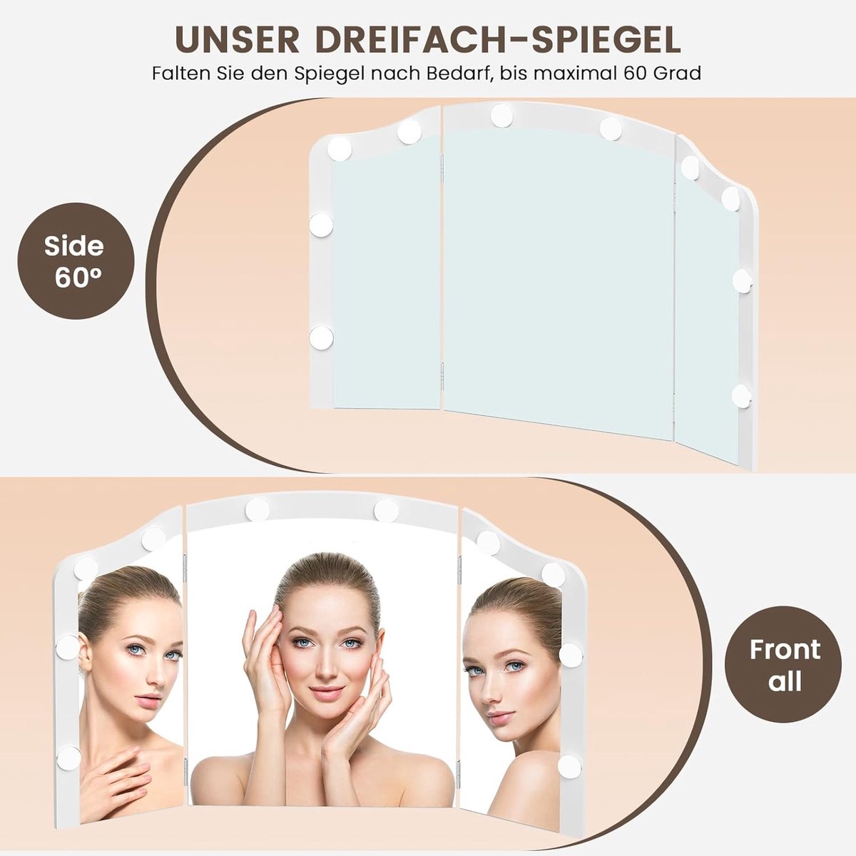 Make-uptafel met 3 Inklapbare Spiegels 100x40x145 cm – Luxe Kaptafel met LED-verlichting, Lade, Stopcontacten & Opbergruimte – Pauwhome