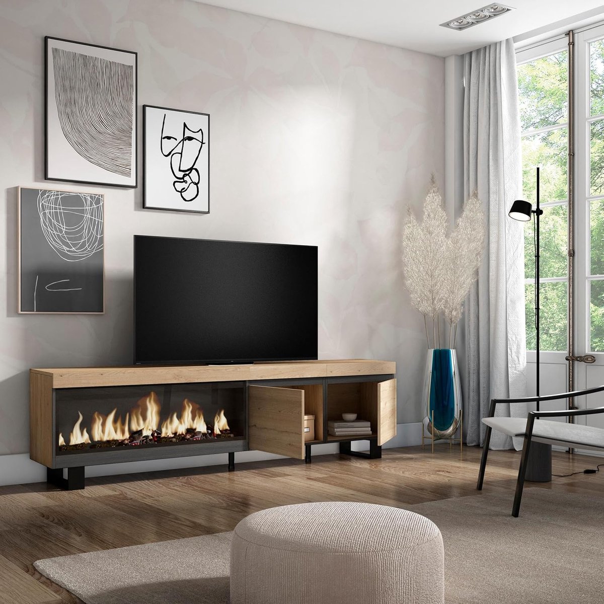TV-meubel Urbanhome Flame XXL – Lowboard 210 cm Eiken met Elektrische LED Open Haard, Industrieel Design en Moderne Stijl voor TV’s tot 80 inch