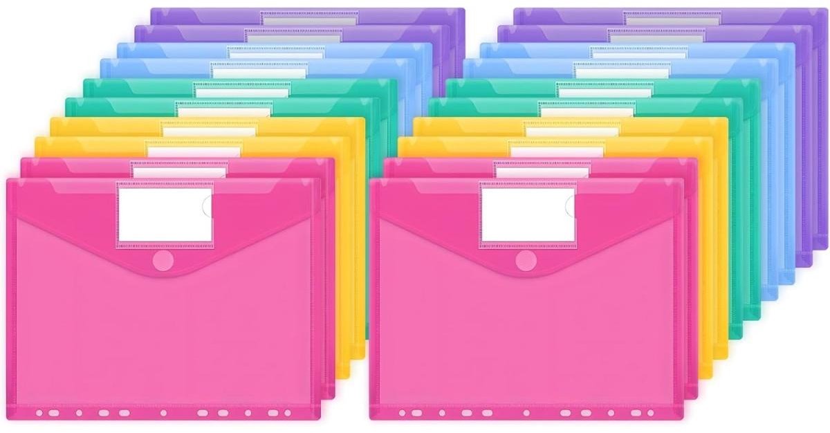GELLDG 20 stuks A4-documentmappen - 5 kleuren - Documentmappen - Waterdicht materiaal - 11-gaats ontwerp - Klittenbandsluiting - Vakken met labels - Transparante documenthoezen - Gemakkelijke documentorganisatie