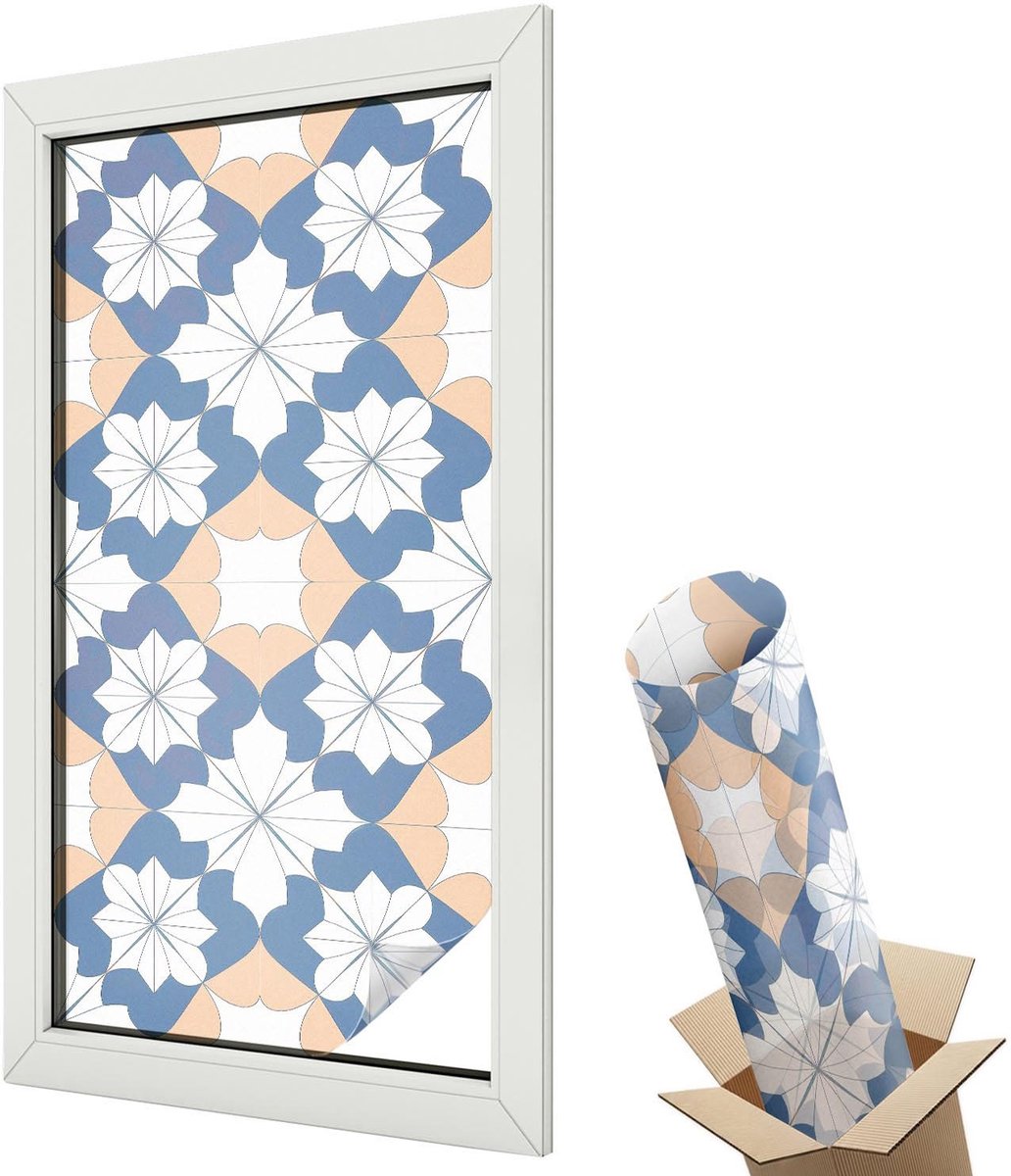 Wallfluent Glas in Lood Raamfolie - Symmetrische patronen Raamfolie Glas in Lood - 50x100 cm - Blauw Zelfklevende Raamfolie Glas in Lood - Melkglas Folie met Glas in Lood Effect - Voor de woonkamer, voor het kantoor, voor de hal