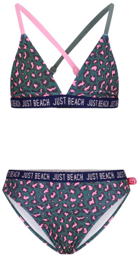 Donkergroene bikini met roze luipaardprint en JUST BEACH tekstband. Tweekleurige bandjes.