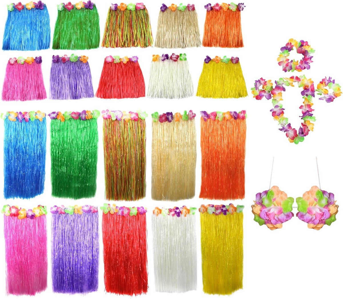 Hawaii Kostuum Set - Hula Rok, Bloemenkrans, Armbanden en Beha - Compleet Luau Feestpakket