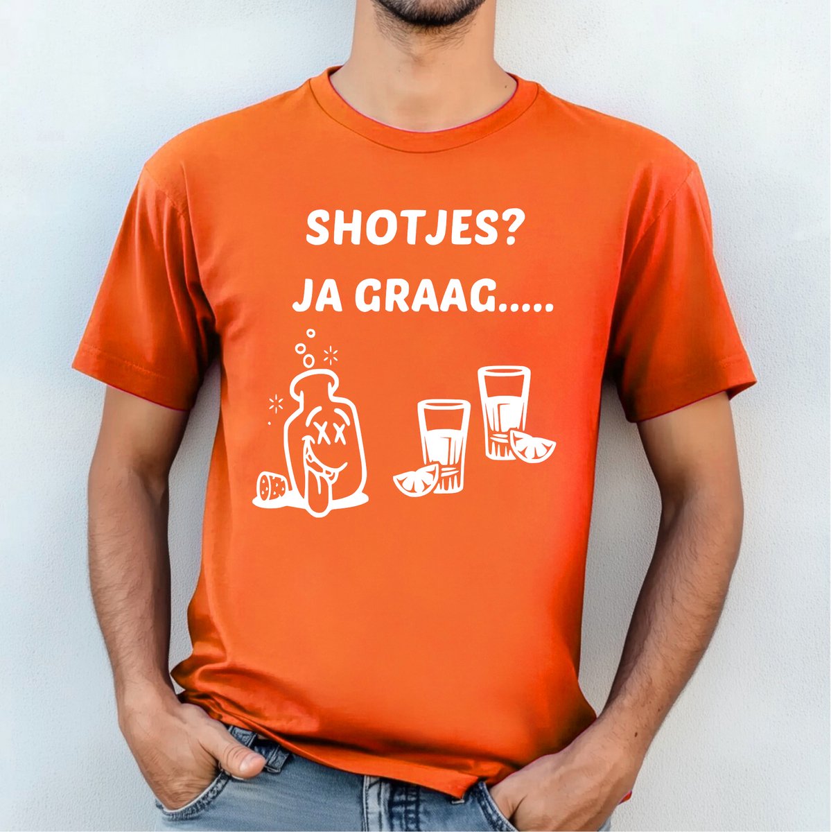 Oranje T-shirt- Shotjes Ja graag maat XL- Koningsdag T-shirt- Heren Shirt oranje. WK T-shirt- EK T-shirt- WK voetbal shirt- EK voetbal shirt