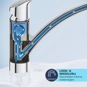 Doorsnede van een verchroomde keukenkraan met lood- en nikkelvrije interne waterwegen.