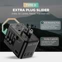 Zwarte Remodius wereldstekker met Type D stekker uitgeschoven, geschikt voor India. Met "Extra Plug Slider".