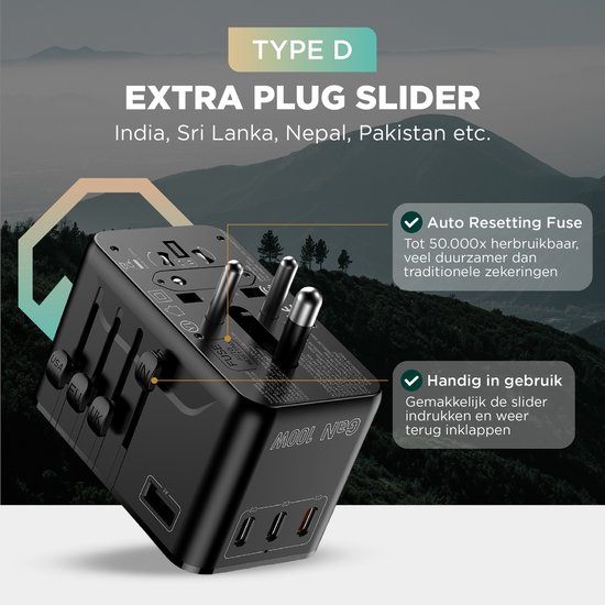 Zwarte Remodius wereldstekker met Type D stekker uitgeschoven, geschikt voor India. Met "Extra Plug Slider".