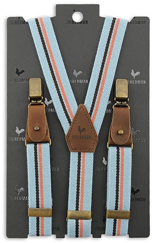 Lichtblauwe bretels met oranje en zwarte strepen, bruin leren details en goudkleurige clips.