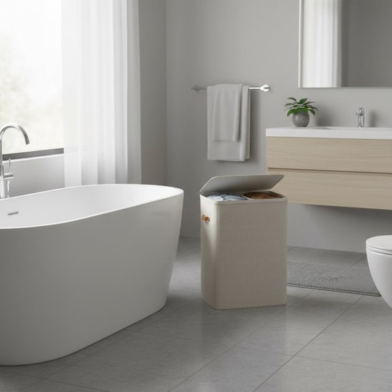Panier à linge ACAZA avec couvercle - 2 compartiments - 170 L - 56 x 40 x 75 cm - Beige