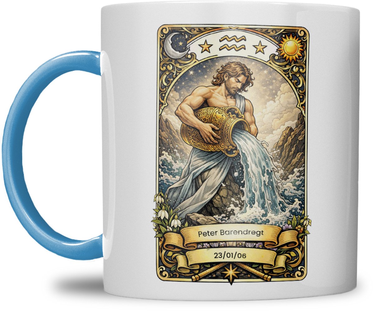 Sterrenbeeld mok - Waterman - Licht Blauw - Tarot mok - Gepersonaliseerd met naam en datum