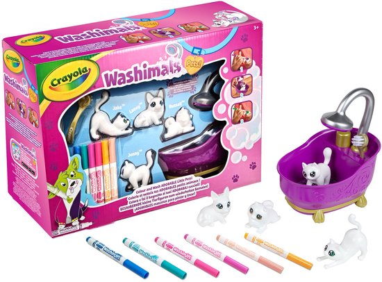 Crayola Washimals set met een paarse badkuip, 4 dieren en 5 kleurpotloden. Bevat Jake, Laney, Jenny, Russell.