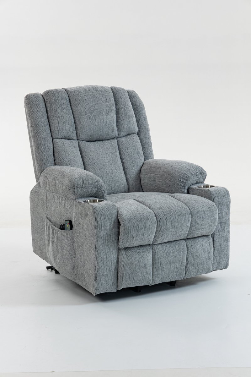 Merax 8205 Elektrische Sta-op Fauteuil Met Massage En Warmte - Verstelbare Rugleuning En Voetsteun - Afstandsbediening - 2 Zijvakken En Bekerhouders - Lichtgrijs - 91 x 84 x 106 cm