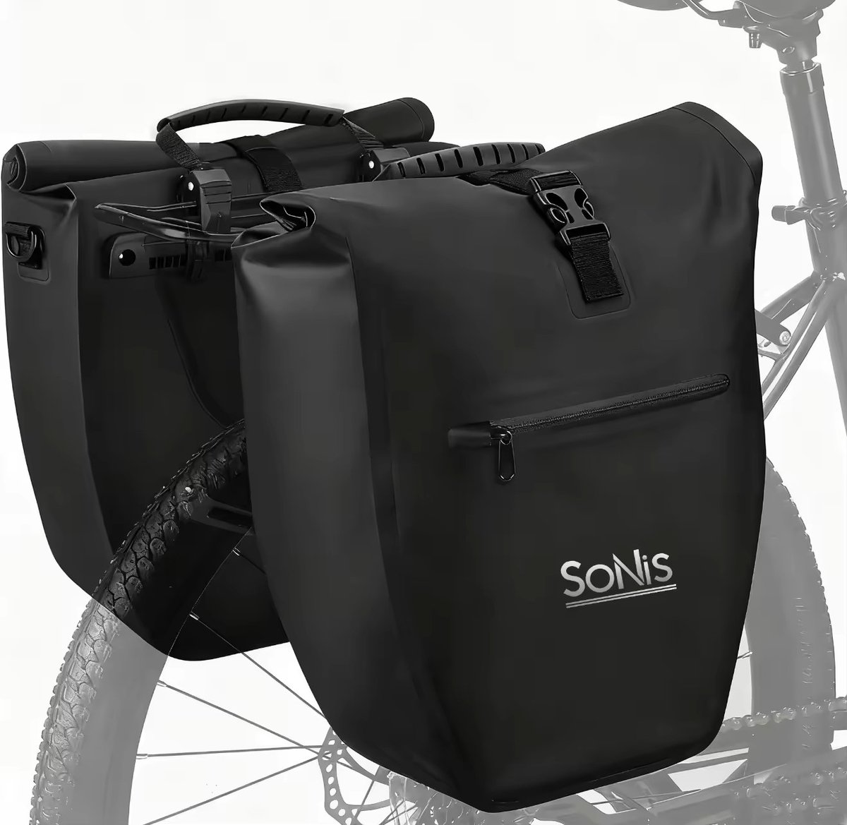 SoNis Luxe Fietstas 24L - Enkele Pakaftas - Zwart - 100% Waterdicht - 3 in 1 - handtas - schoudertas - quick-locks systeem fietstas