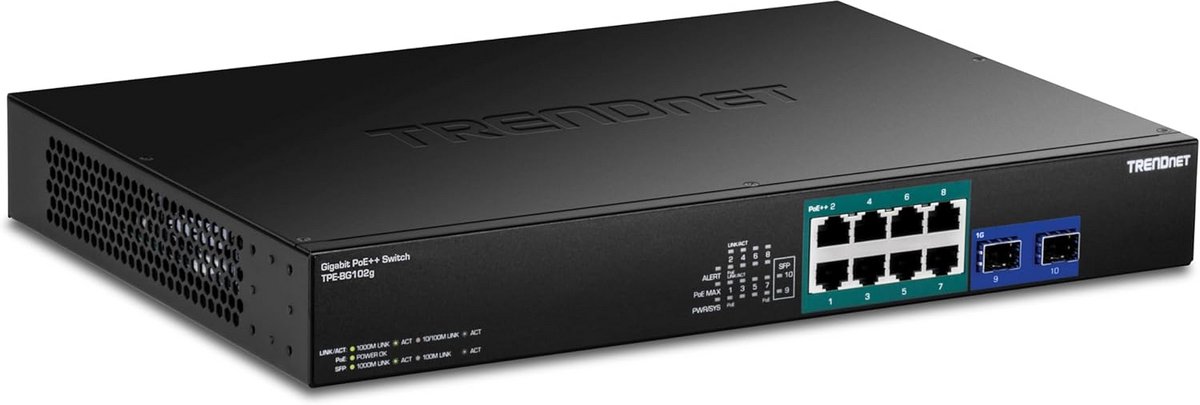 10-Poorts Gigabit PoE Switch met 4x PoE++ (95W) en 2x SFP Slots, 240W Budget, Rackmonteerbaar