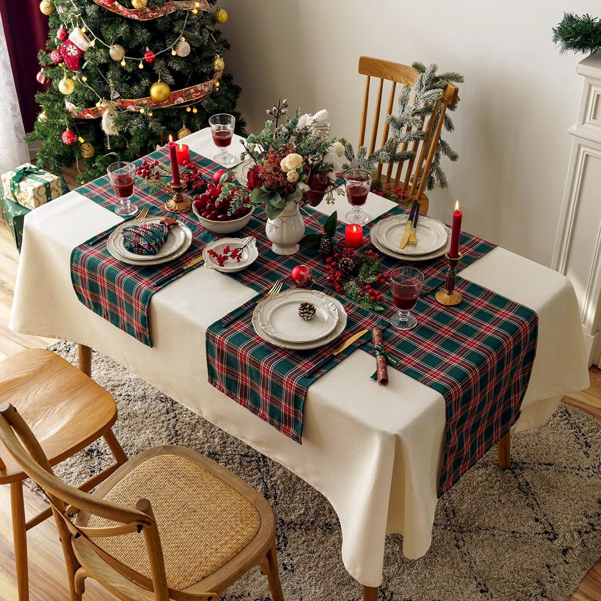 Rood Groen Geruite TafelLoper Kerst - 180 cm Lang - Rustieke Keuken & Eettafel Decoratie