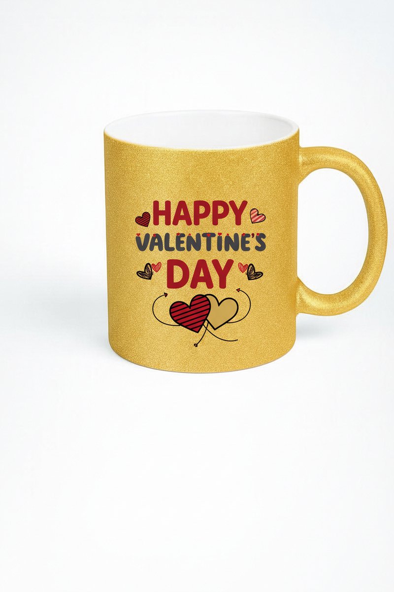 Gouden Glitter Mok Happy Valentine's Day - Romantisch Valentijnscadeau met Hartjes