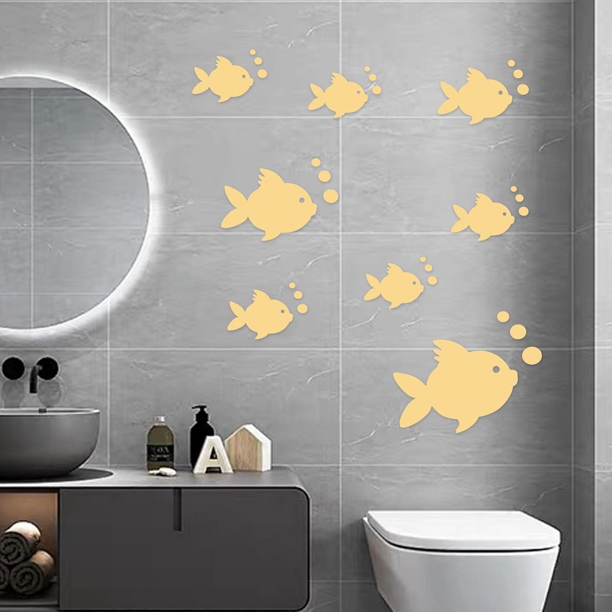 3D Acryl Spiegel Muurstickers Vissen en Bubbels - Zelfklevend & Waterbestendig - Goud