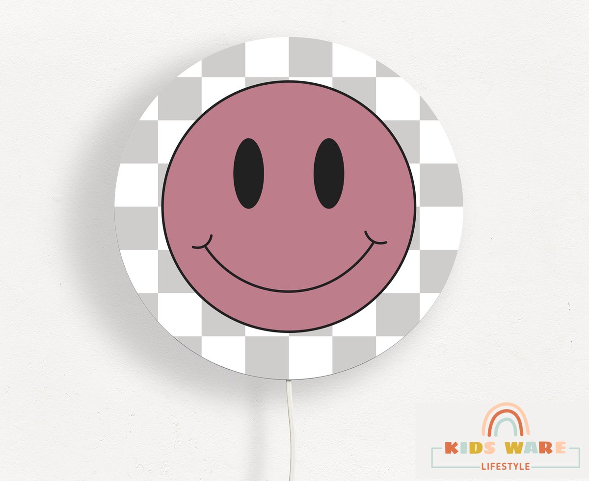 Wandlamp Rond - Smiley- Kinderkamer verlichting - Dusty Rose - ø 30 cm Wandlamp - Verlichting - Retro Smiley Thema - Kinderkamer wandlamp - Babykamer wandlamp