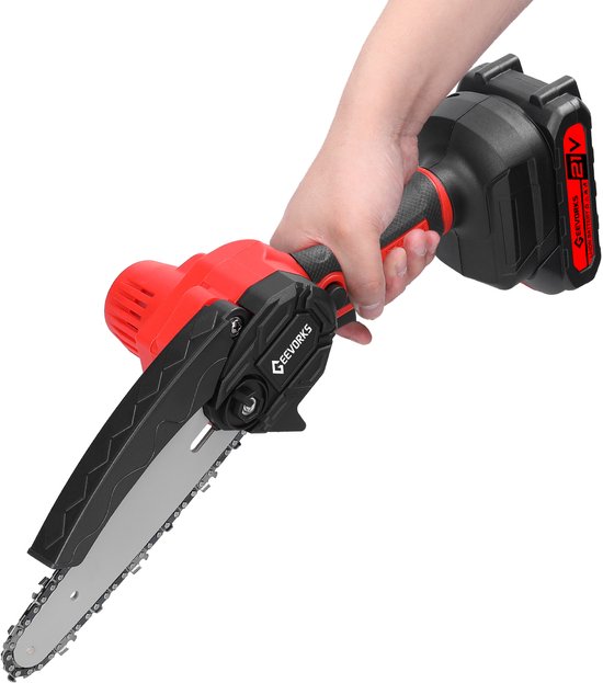 21V Mini Elektrische Kettingzaag - 6 Inch Zaagblad - Draadloze Handzaag - 2 Lithiumbatterijen - Snelle Oplaadfunctie - Veiligheidsvergrendeling - Rood van Tutoy — afbeelding 2