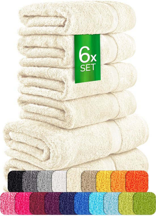 Pile de six serviettes crème avec une étiquette verte "6x SET". Nuancier montrant de nombreuses couleurs disponibles.